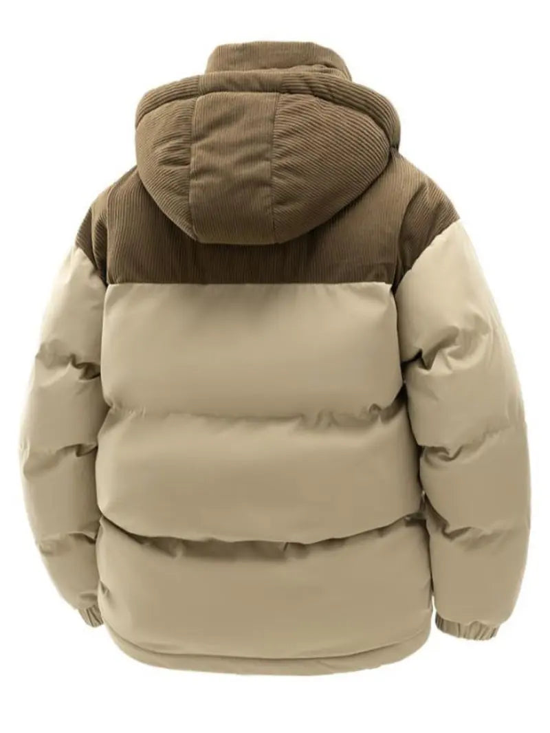 Men's Casual Thick Hooded Down Jacket, Polyester Fiber Filled, Winter Color Block Design, Long Sleeve Detachable Hat, Warm Outerwear, Coats