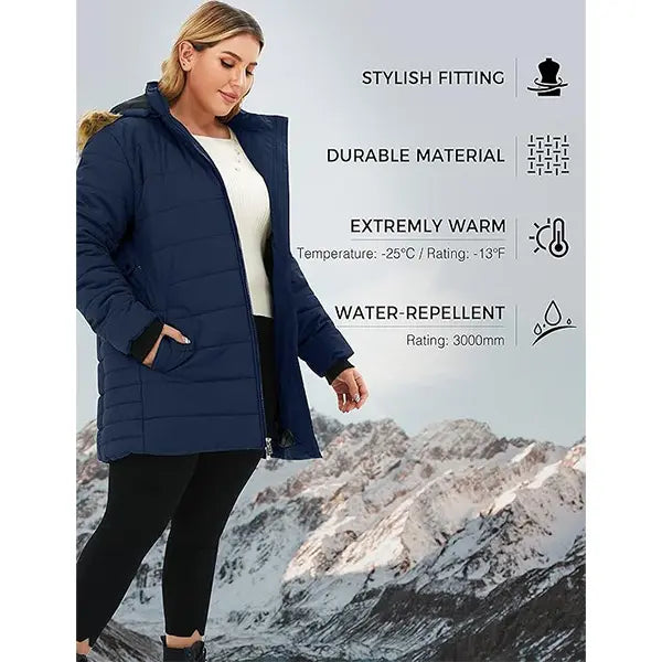 Women's Plus Size Quilted Mid-Length Polyester Puffer Coat - Long Sleeve, Water-Proof, Thick Keep Warm Jackets & Coats, Light Fabric, Flattering Fit Outerwear for Ladies