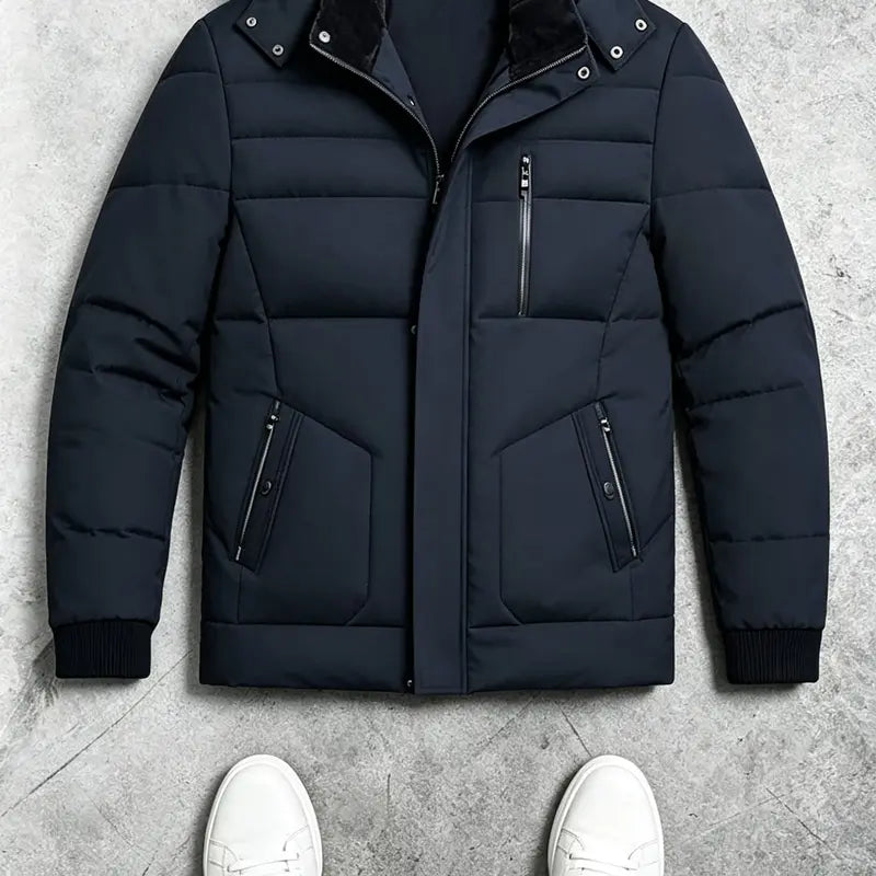 Men's Autumn Winter Mid-Length Hooded Down Coat - Quilted Outerwear Jacket, Coats for Casual Wear, Plain Design, Stylish Zipper-Button Front Closure, Multiple Zippered Pockets, Straight Cut, Casual Topstitching