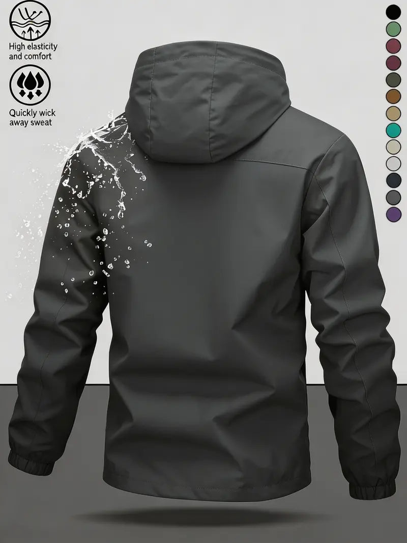 Men's Fitted Solid Woven Hooded Jacket - Waterproof, Windproof, with Zippered Pockets for Outdoor, Casual Wear