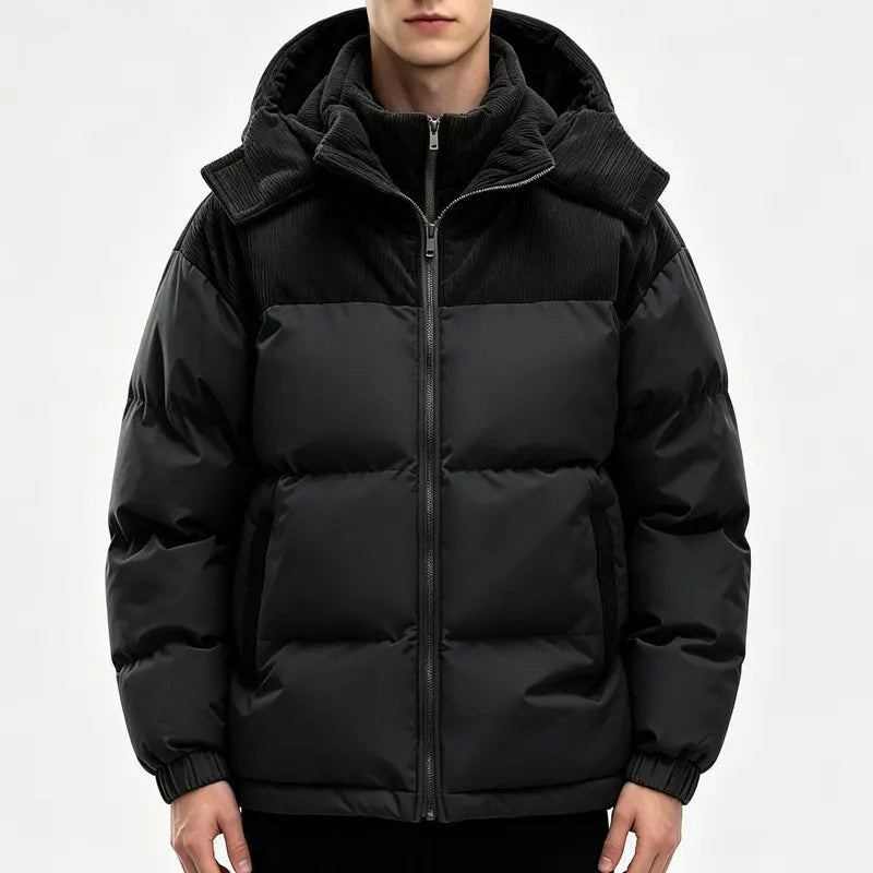 Men's Winter Color-Block Hooded Down Jacket - Thick, Warm, Loose-Fit, Detachable Hood, Contrasting Panels, Ideal for Everyday Commuting, Outdoor Activities