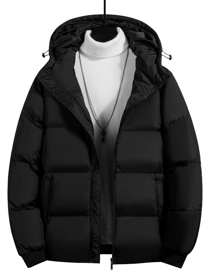 Men's Woven Cotton Hooded Puffy Jacket - Puffy Shape, Long-Sleeve, Zip-Up, Windproof, Loose Fit, Autumn Winter Warm Casual Streetwear Clothing, Fashion Streetwear Top with Pockets, M