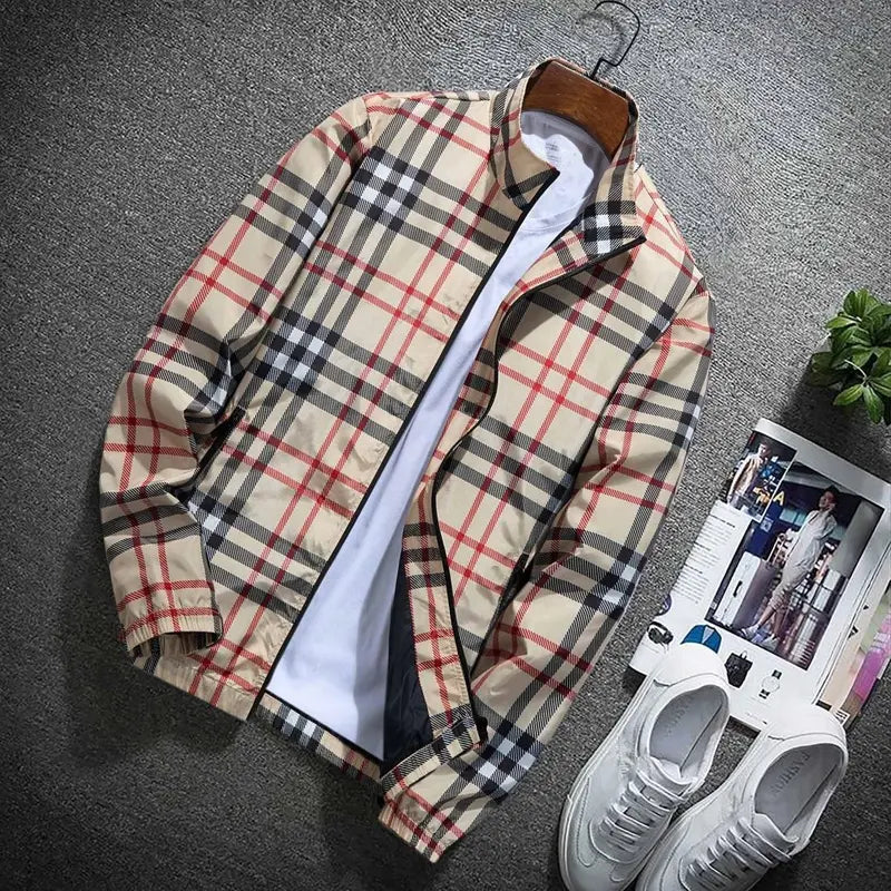 Men’s lightweight hooded jacket (with a stand collar option), zip-up windbreaker featuring adjustable drawstring and color-block stripe design, spring/autumn fashion style, men’s jacket, men’s outerwear, stylish khaki plaid pattern sohochic