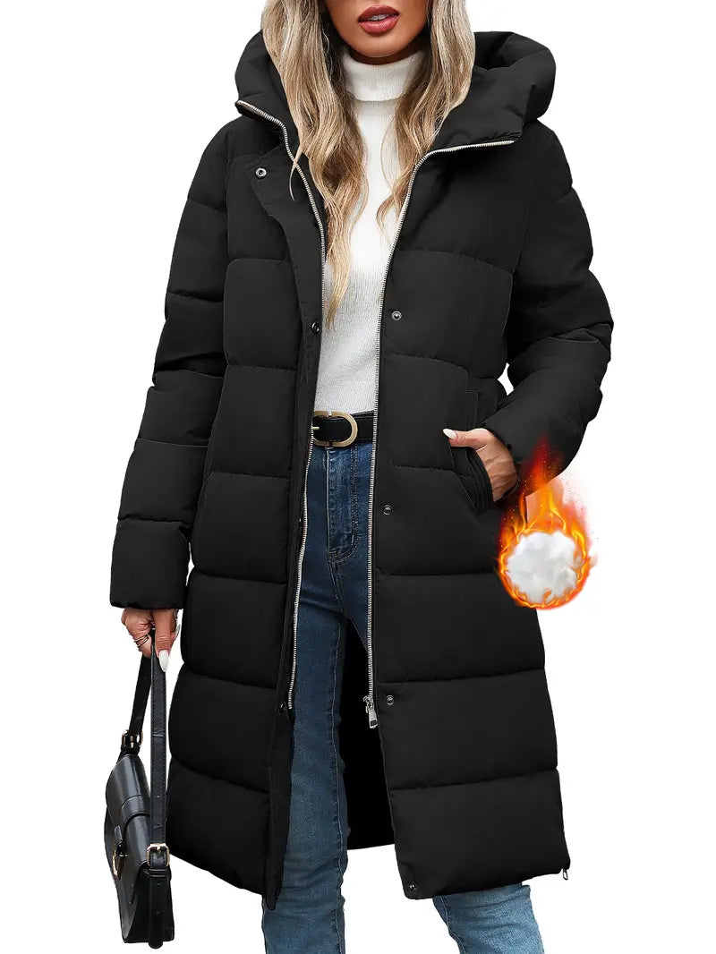 Womens Winter Long Puffer Coats Down Thicken Warm Quilted Jacket Mid-Length with Side Zipper and Hood Outerwear
