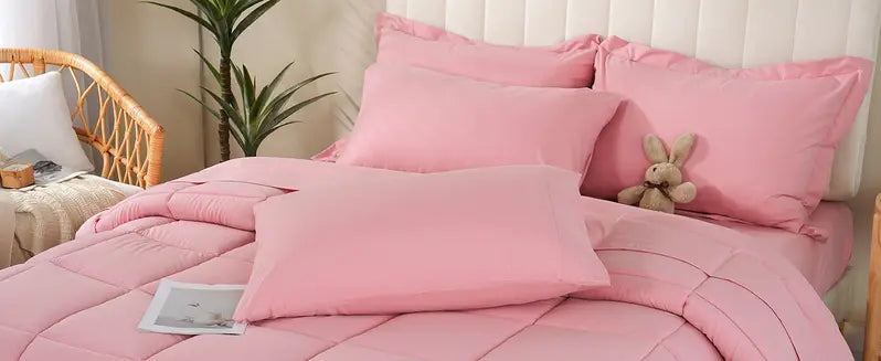 DOWNCOOL 7-Piece Comforter Set All Season Pink Down Alternative Bedding Set with Flat Sheet, Fitted Sheet, 2 Pillow Shams & Pillowcases, Soft Microfiber, OEKO-TEX Certified for Bedroom Home Decor