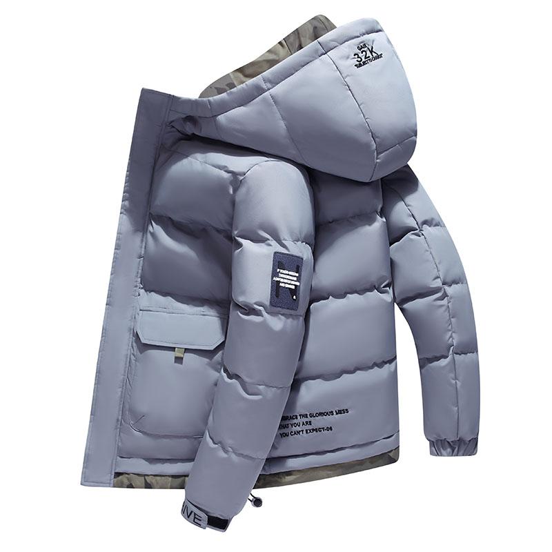 Men's Hooded Woven Heavyweight Full-Zip Winter Coat - Thick Warm Insulated Cotton-Padded Overcoat with Patch Pockets, Long Sleeve Plain Solid Beige, for Skiing & Everyday Wear, Formal & Casual Menswear Tops, Patch Pocket