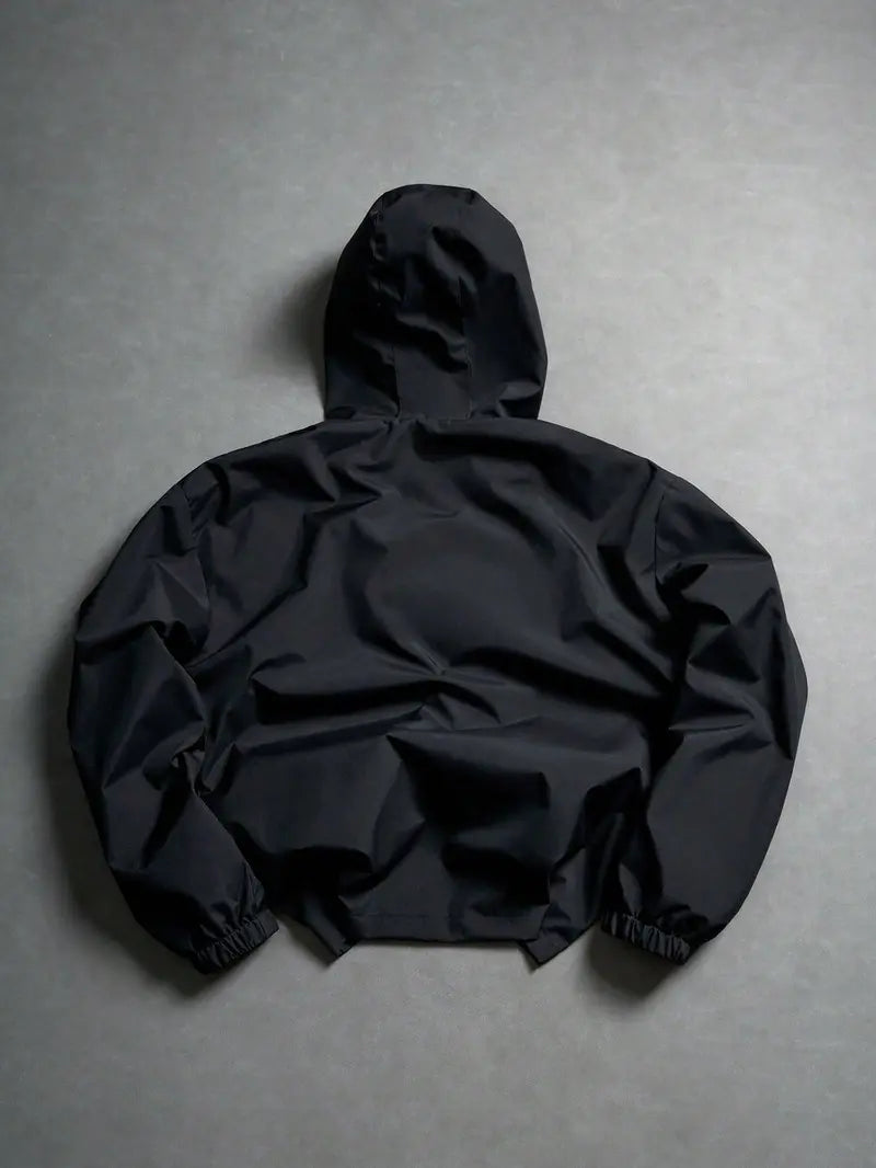 Men’s Fitted Short Hooded Windproof Hardshell Jacket - Adjustable Hood, Polyester Fabric, Lettering Detail, for Outdoor Hiking, Daily Commuting, Outfits