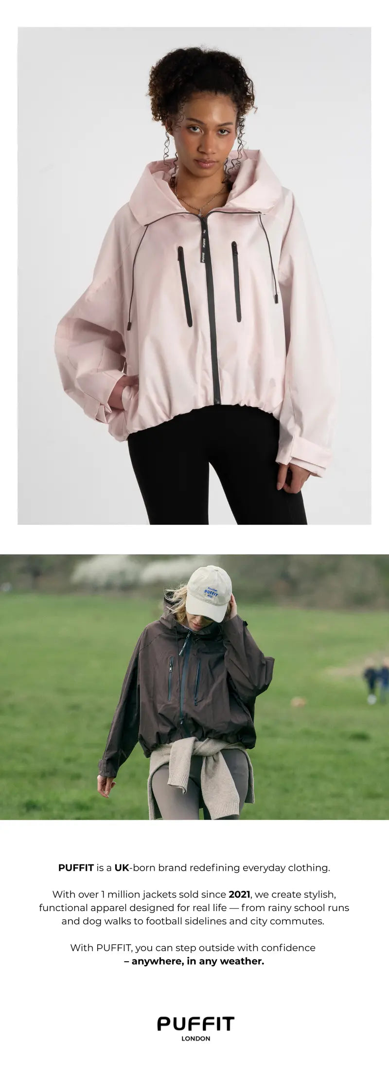 【Restocked】PUFFIT STM-TEX Short One-Size Rain Jacket With Pleated Hem,Hooded Jacket,Waterproof Jacket,Women Jacket,Wide-Brim Hood,Adjustable Cuffs,Zips,Outdoor Sport,Windbreaker,Fall,Winter,Dog Walking,School Running,Stylish,Womenswear,2026 Shopping
