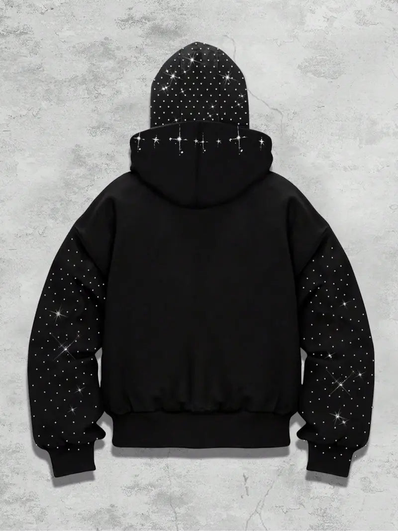 double hood rhinestone street casual loose men's zipper hoodie eye print sweatshirt, Graphic print hoodie autumn and winter fleece warm men and women brand Y2K jacket cool nightclub rock hip-hop music festival