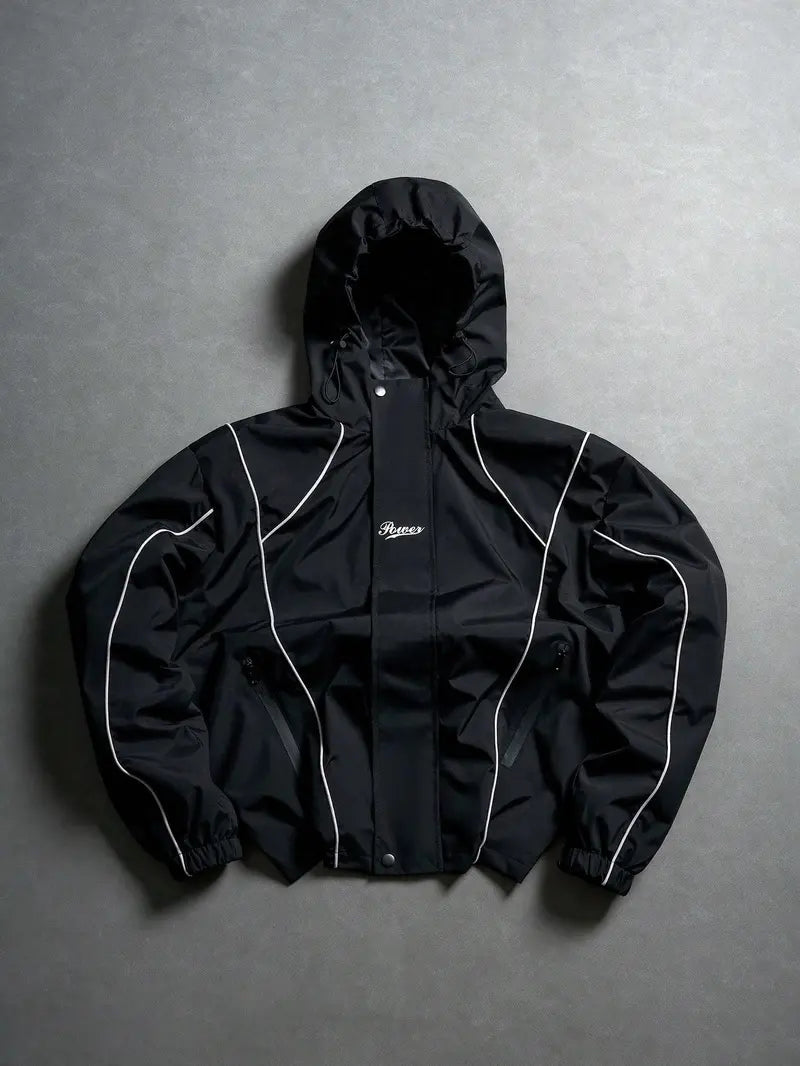 Men’s Fitted Short Hooded Windproof Hardshell Jacket - Adjustable Hood, Polyester Fabric, Lettering Detail, for Outdoor Hiking, Daily Commuting, Outfits