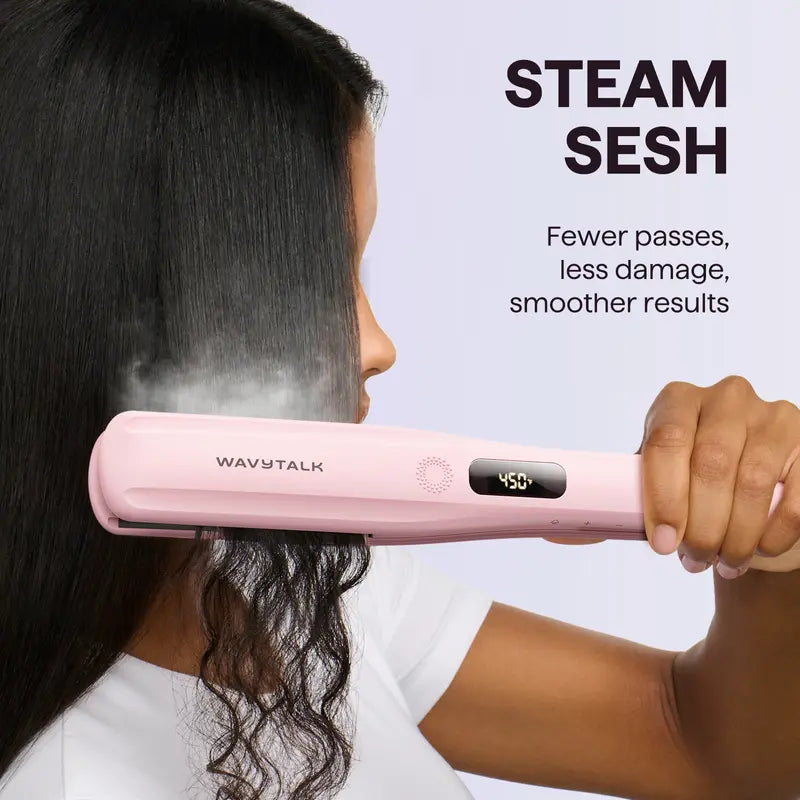 Wavytalk Steam Sesh Hair Straightener and Smooth Barrier Heat Protectant Spray Set, Hair Products, Silky Straight Hair