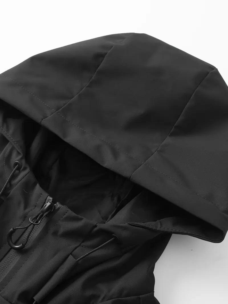 Men's Fitted Zip-Up Hooded Baseball Bomber Jacket - Plain/Stripe Print, Waterproof, Windproof, Drawstring Long Sleeves, Zipper Pocket Casual Outerwear for Outdoor Activities