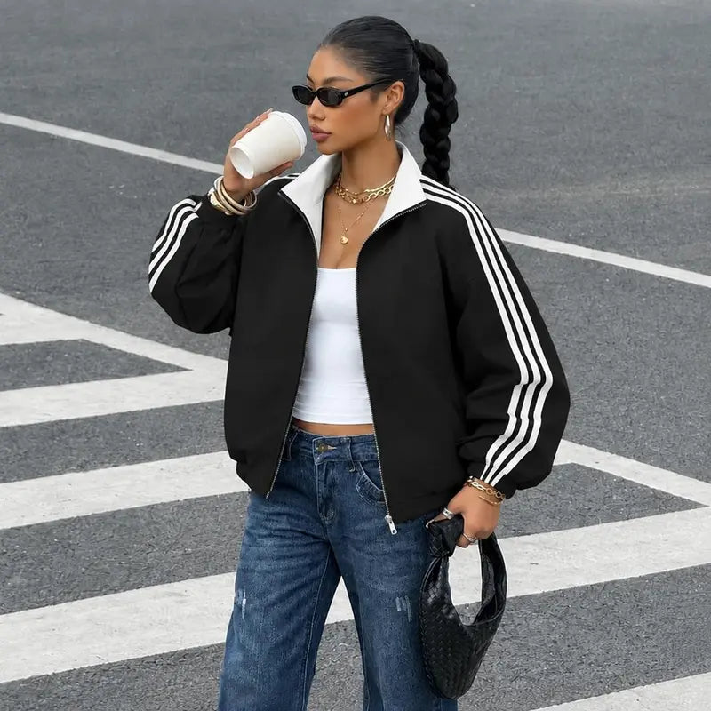 Women Reversible Zip Up Track Jacket, Striped Sleeve Stand Collar Windbreaker, Two Wear Ways Loose Drop Shoulder Outerwear, Elastic Cuffs Casual Athletic Coat, Lightweight Reversible Sport Jacket For Daily Streetwear, Shopping And Weekend Hangouts