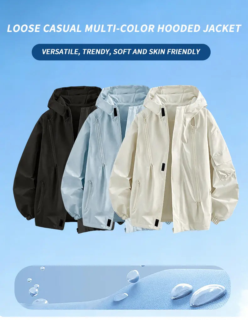 Men’s hooded windbreaker jacket, water-resistant fabric loose cargo outerwear with multiple zippered pockets, everyday outdoor casual top