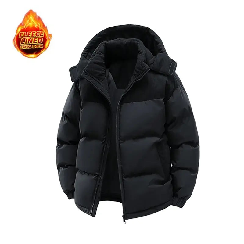Unisex casual fleece-lined loose winter jacket with detachable hood; warm color-block cotton jacket; couples’ winter cotton apparel; windproof and cold-resistant; couples’ warm color-block cotton jacket; vintage-style outerwear in khaki, black, an...