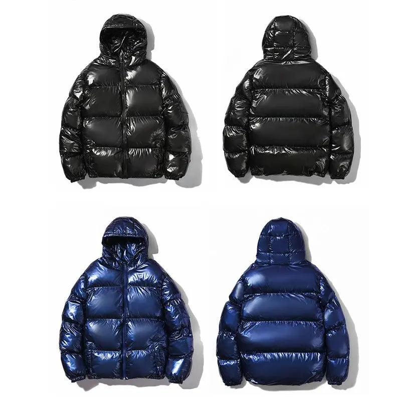 Mens Shiny Glossy Smooth Puffer Jacket - Zip-Up Hooded, Thick Cotton-Padded Menswear Garment, Ribbed, Windproof Thermal, Loose Fit, Clean Minimalist Stylish Casual Streetwear, Side Pockets for Cold Winter Comfort