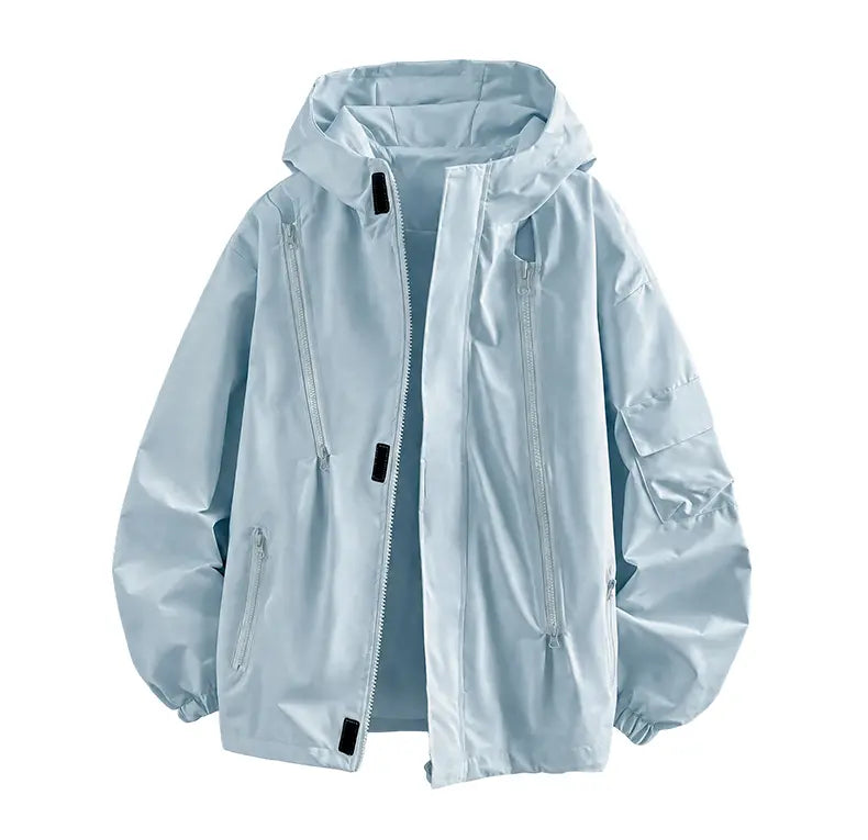Men’s hooded windbreaker jacket, water-resistant fabric loose cargo outerwear with multiple zippered pockets, everyday outdoor casual top