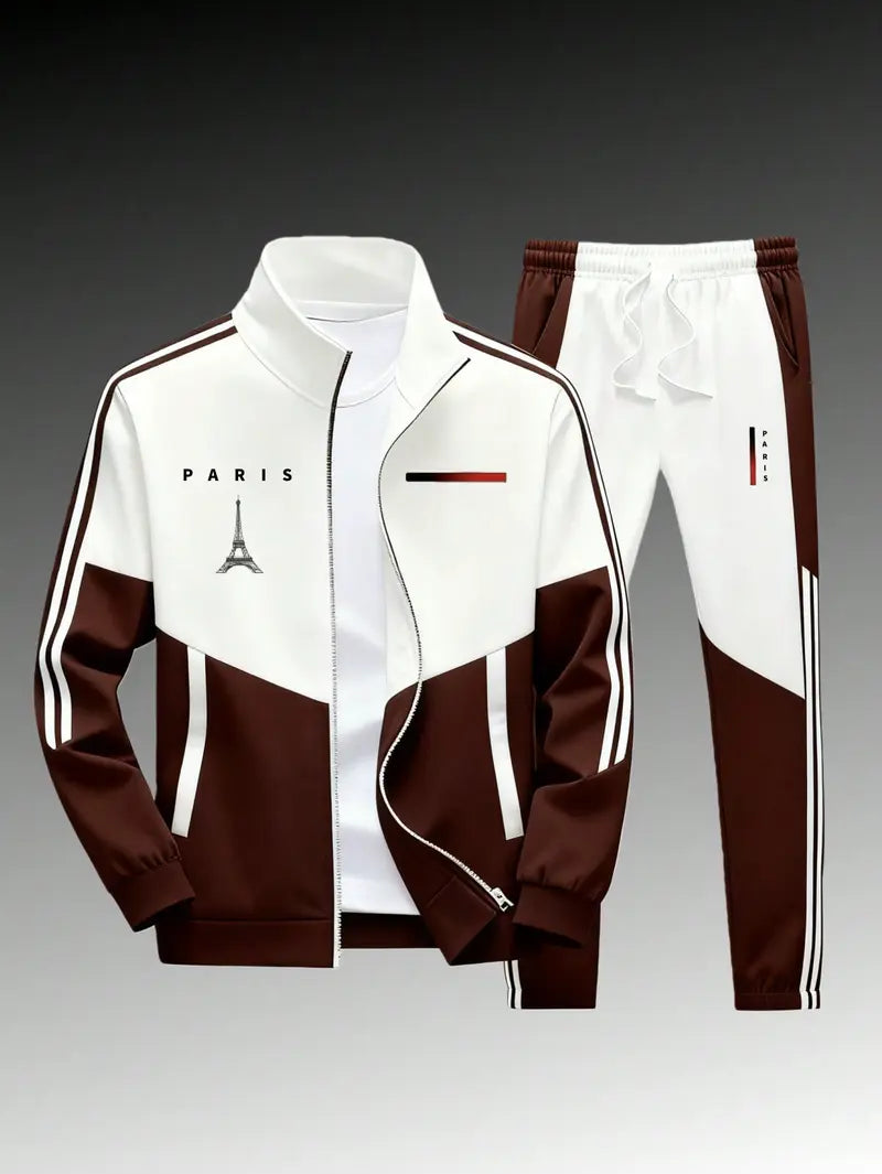 Men's 2-Piece Paris Logo Sportswear Set - Sports Outerwear Jacket & Jogging Pants, Geometric Print, Stand-Up Collar, Zipper Closure, Color-Matching Design, All-Season Streetwear Fashion Apparel Clothes Suits