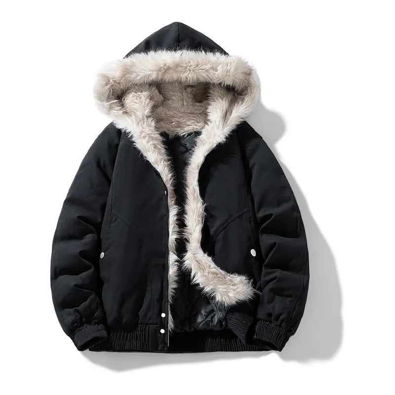 Men's Fur Collar Hooded Jacket Cotton Coat Winter Thick Warm Outerwear for Cold Weather Comfortable & Breathable