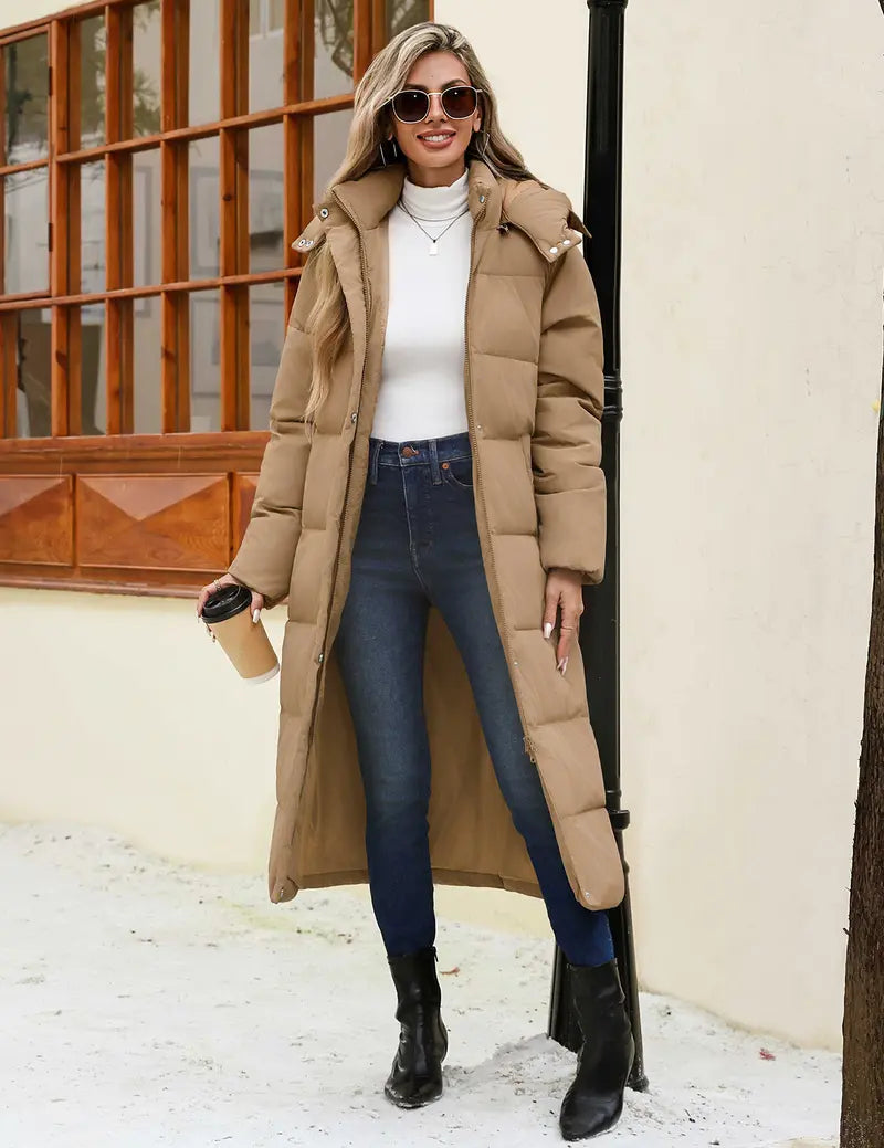 UMIPUBO Lady's Long Sleeve Fitted Casual Long Maxi Down Coat, Winter Puffer Jacket, Warm Padded Outerwear, Tops with Removable Faux Fur Hood, Full-Zip Parka