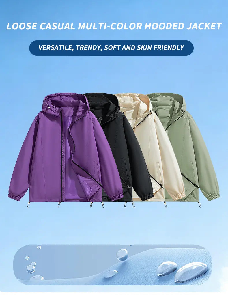 Men’s Loose-Fitting Long Sleeve Hooded Coats - Windproof, Waterproof Polyester Plain Tops with Adjustable Hem, Zip Up Closure, Casual Outdoor Menswear Outerwear for Everyday Wear (Beige, Black)