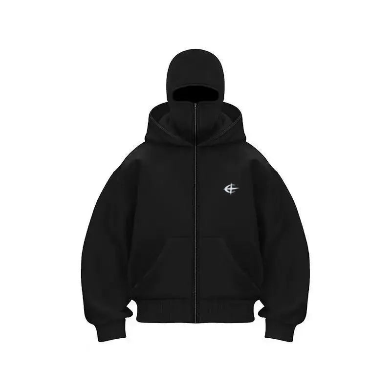 Unisex Double Hood Balaclava Full Zip Hoodie, Y2K Streetwear Boxy Cropped Fleece Sweatshirt, Ski Mask Face Cover Zip Up Jacket for Men Women, Multiple Colours