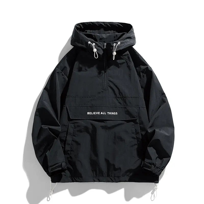 ZMZY Men's Half-Zip Jacket Lightweight Hooded Casual Outdoor Windbreaker, All-Season Oversized Relaxed Fit Coat with Drawstring Hem & Side Pockets for Teen Adults, Work Streetwear Style