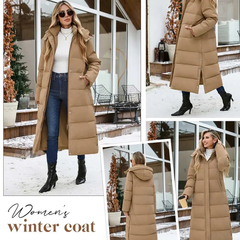UMIPUBO Lady's Long Sleeve Calf-Length Maxi Puffer Down Coat, Winter Warm Padded Outerwear with Removable Faux Fur Hood, Full-Zip Parka Tops, Detachable Fur, Removable Hood