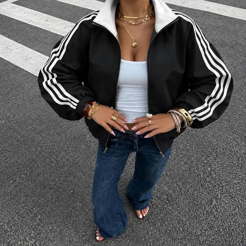 Women Reversible Zip Up Track Jacket, Striped Sleeve Stand Collar Windbreaker, Two Wear Ways Loose Drop Shoulder Outerwear, Elastic Cuffs Casual Athletic Coat, Lightweight Reversible Sport Jacket For Daily Streetwear, Shopping And Weekend Hangouts