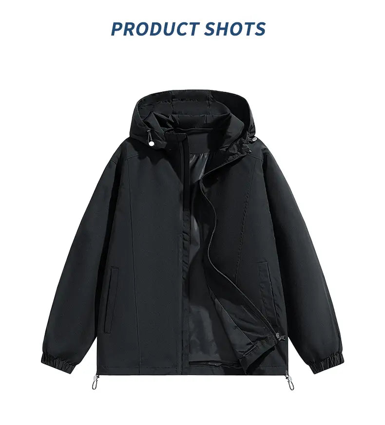 Men’s Loose-Fitting Long Sleeve Hooded Coats - Windproof, Waterproof Polyester Plain Tops with Adjustable Hem, Zip Up Closure, Casual Outdoor Menswear Outerwear for Everyday Wear (Beige, Black)