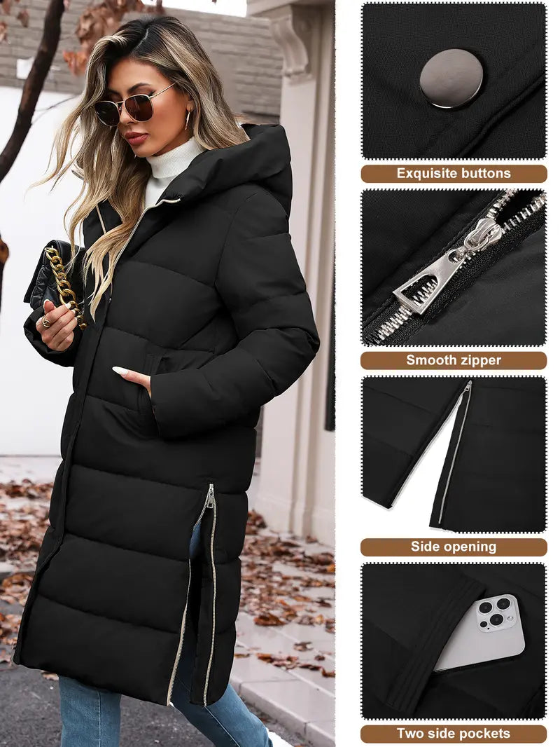 Womens Winter Long Puffer Coats Down Thicken Warm Quilted Jacket Mid-Length with Side Zipper and Hood Outerwear
