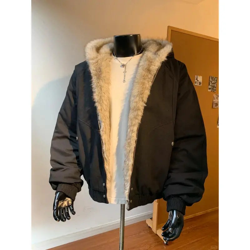 Men's Fur Collar Hooded Jacket Cotton Coat Winter Thick Warm Outerwear for Cold Weather Comfortable & Breathable