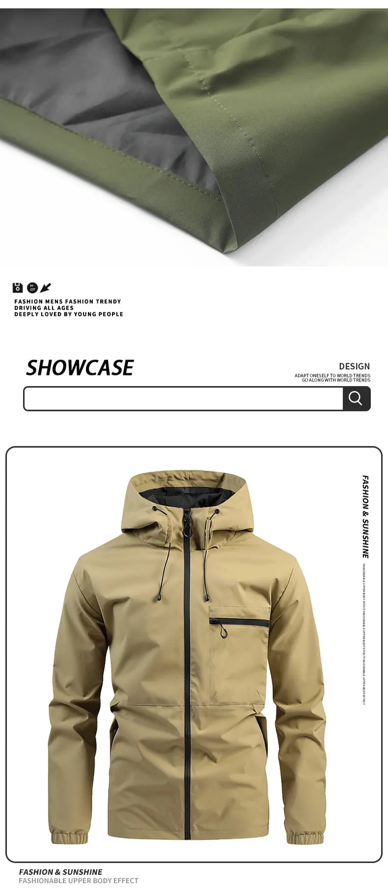 Men's Fitted Solid Woven Hooded Jacket - Waterproof, Windproof, with Zippered Pockets for Outdoor, Casual Wear