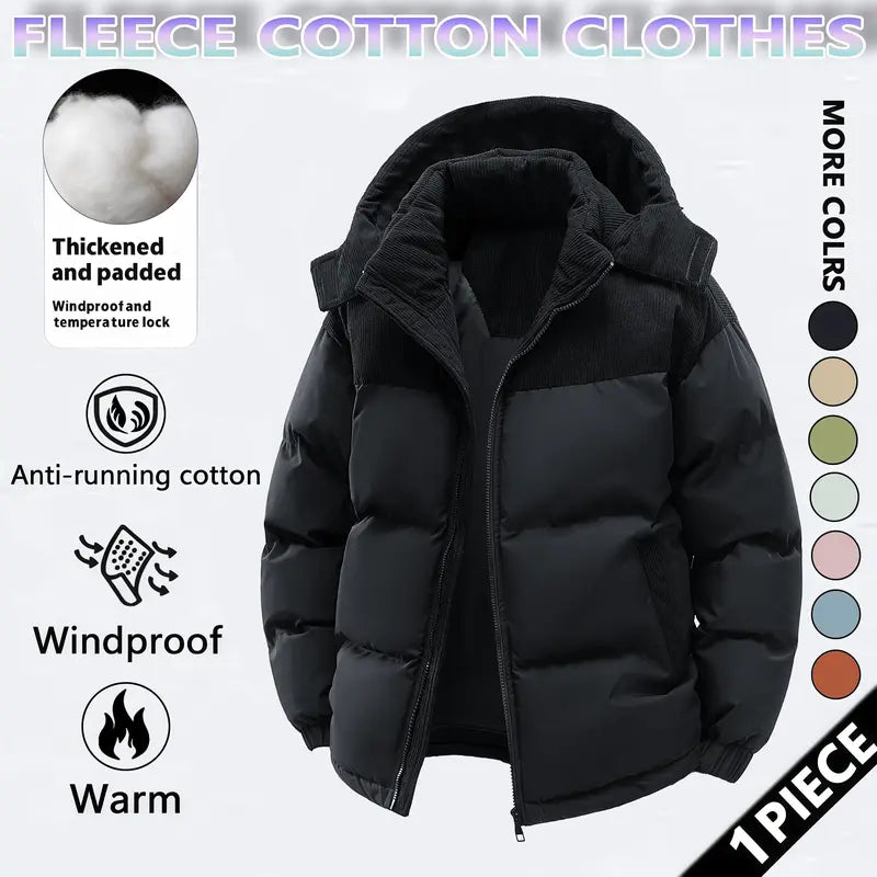 Men's Cotton Winter Coat Hooded Fleece-Lined Color-Block Jacket Casual Everyday Outerwear, Removable Hood, Windproof Padding, Thick Insulated, Anti-Running Cotton, Easy to Pair - Couples Style
