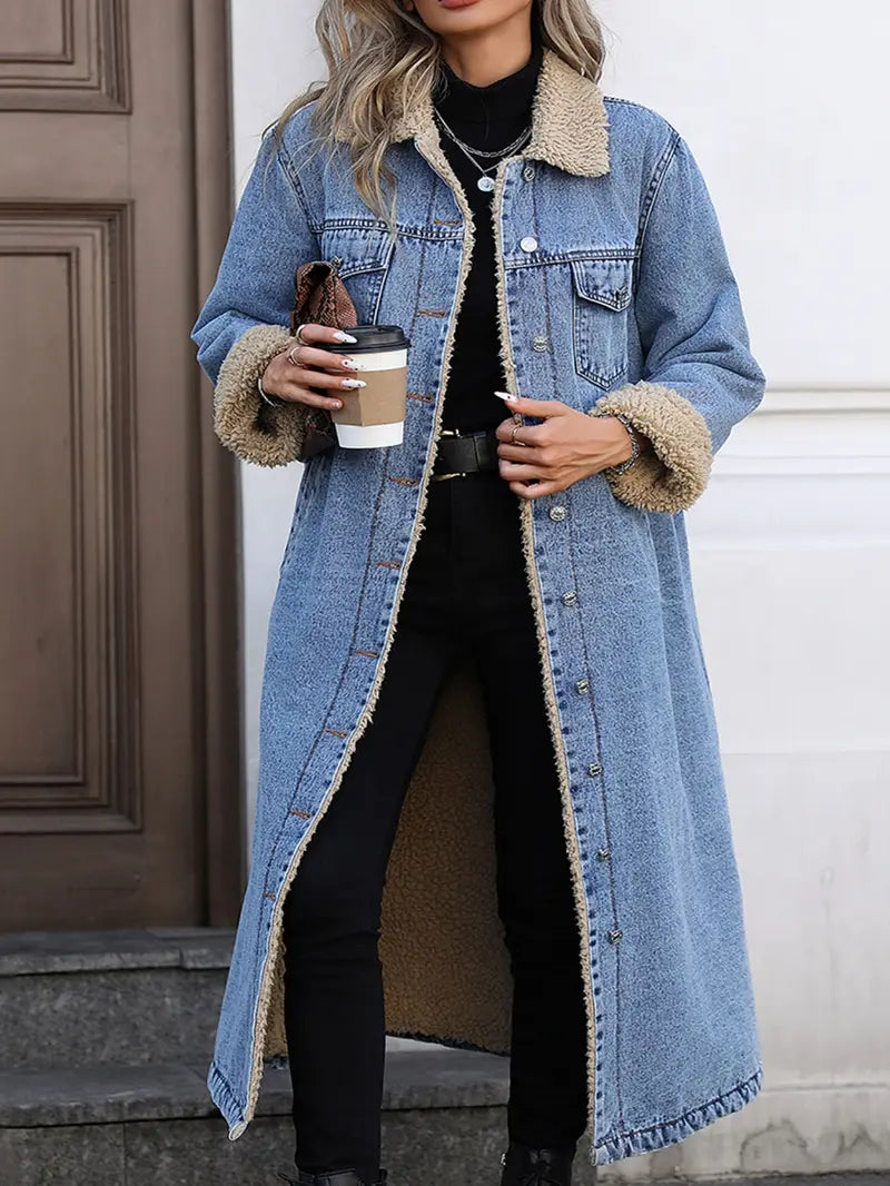 Women's Fall and Winter Casual Loose-Fit Long Jacket, Elegant Turn-Down Collar Warm-Lined Denim Coat for Plus-Size Women