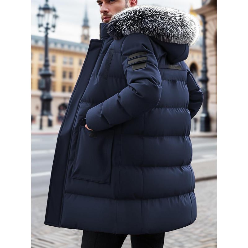 Men's Winter Heavy-duty Long Parka Coat, Thick and Warm Insulation, Detachable Faux Fur Hood Pocket with Large Pocket, Suitable for Skiing and Commuting