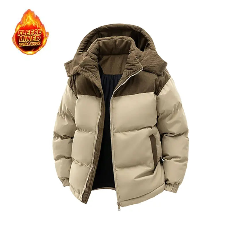 Unisex casual fleece-lined loose winter jacket with detachable hood; warm color-block cotton jacket; couples’ winter cotton apparel; windproof and cold-resistant; couples’ warm color-block cotton jacket; vintage-style outerwear in khaki, black, an...