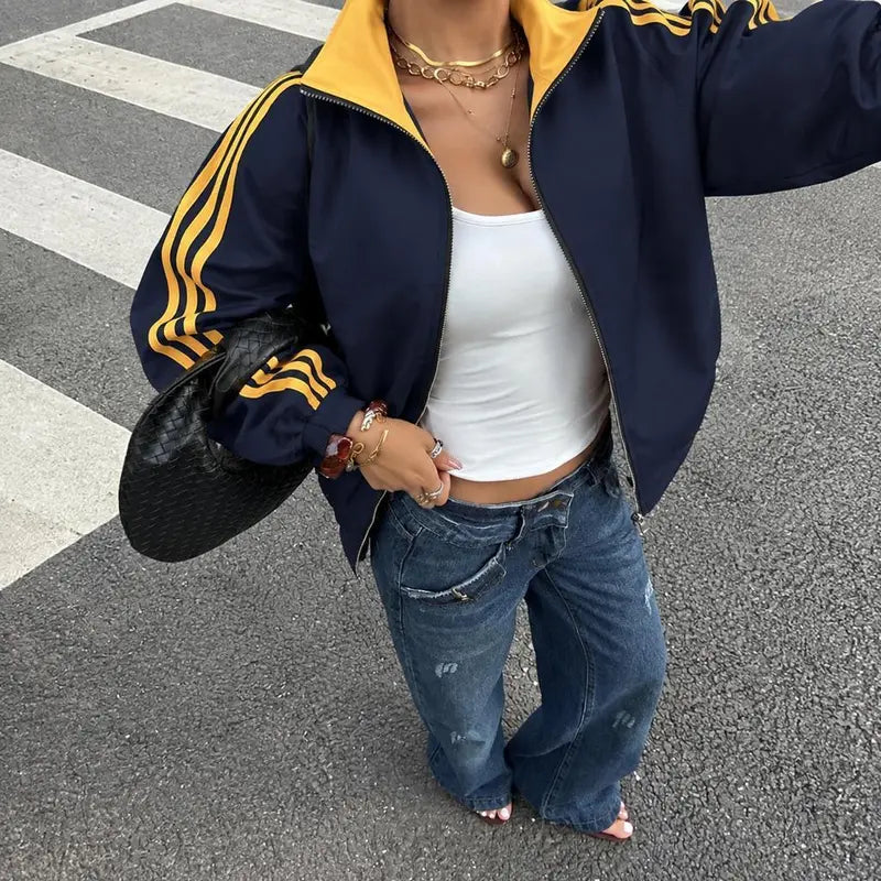 Women Reversible Zip Up Track Jacket, Striped Sleeve Stand Collar Windbreaker, Two Wear Ways Loose Drop Shoulder Outerwear, Elastic Cuffs Casual Athletic Coat, Lightweight Reversible Sport Jacket For Daily Streetwear, Shopping And Weekend Hangouts