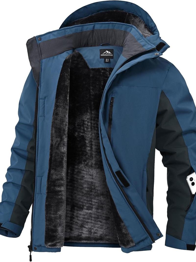 Zoofly Men's Waterproof Zip-Up Insulated Fleece Layered Ski Jacket with Hood, Polyester Shell, Outdoor Pockets, Insulated Hiking Jacket for Winter Outdoor Activities