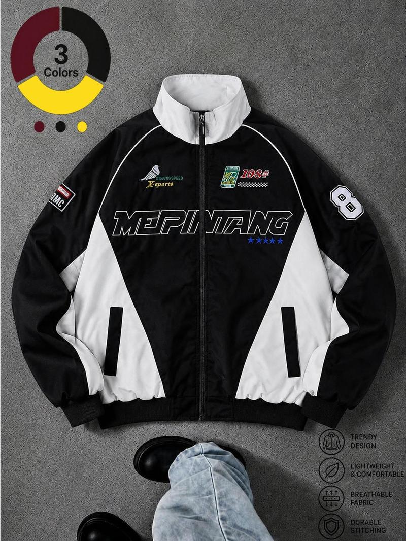 Men’s Thin Windproof Polyester Casual Racing Jacket - Lightweight, Embroidered Fashion Pattern Outerwear, Breathable Sporty Active Urban Moto Men's Jacket, Unisex All-Season Coat, Breathable Jacket