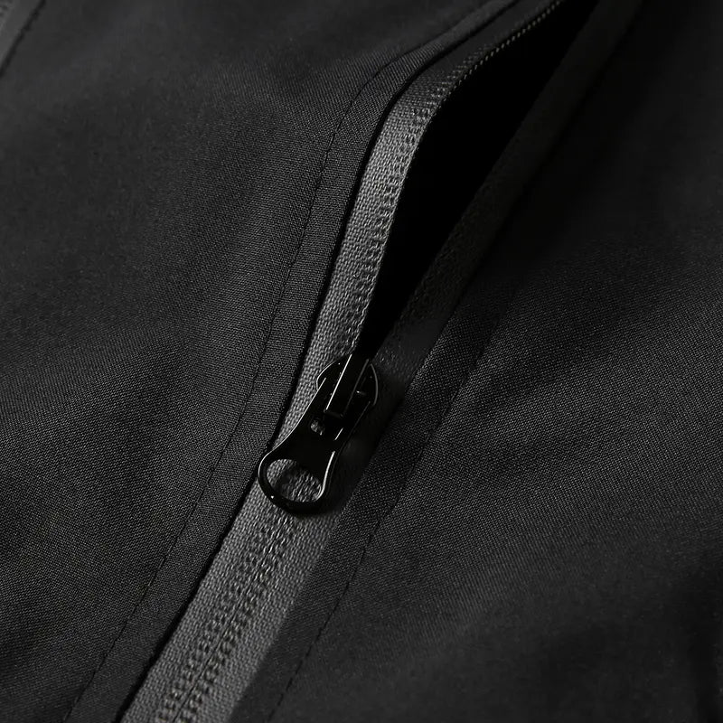 Men's Black Hooded Windbreaker Coat - Menswear Tops, Multi-Pocket Design with Yellow Contrast Tabs, Drawstring Adjustable Hood, Elastic Cuffs & Hem, Water-Repellent Fabric, Full Zip, Plain, Machine Wash for Spring Autumn Urban Street Casual Outfits