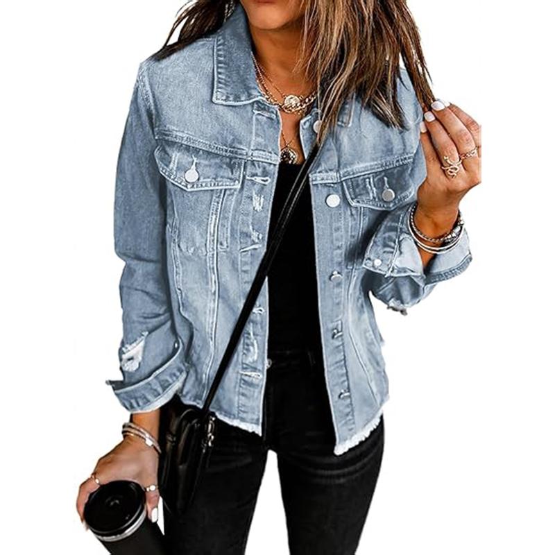 EVALESS Women's Casual Short Jean Jackets Non Stretch Distressed Ripped Boyfriend Washed Coats Lapel Long Sleeve Denim Jacket Outwear Tops 2026 Womenswear Spring Winter Outfits Deals For You Days summer outfits,back to school,back to school shoppi...