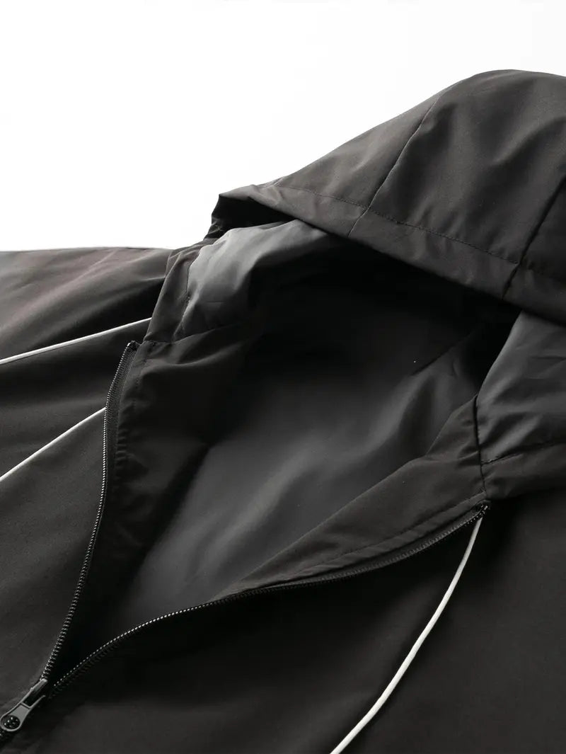 Men's Chic Woven Waterproof Windproof Front Zip Hooded Jacket - Rain-Ready Year-Round Menswear Top Coat with Drawstring, Striped Print, Zipper Pockets, Suitable for Outdoor Activities - SpringStatements