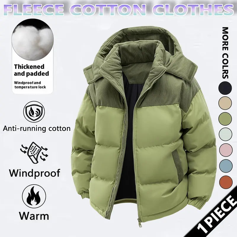 Men's Cotton Winter Coat Hooded Fleece-Lined Color-Block Jacket Casual Everyday Outerwear, Removable Hood, Windproof Padding, Thick Insulated, Anti-Running Cotton, Easy to Pair - Couples Style