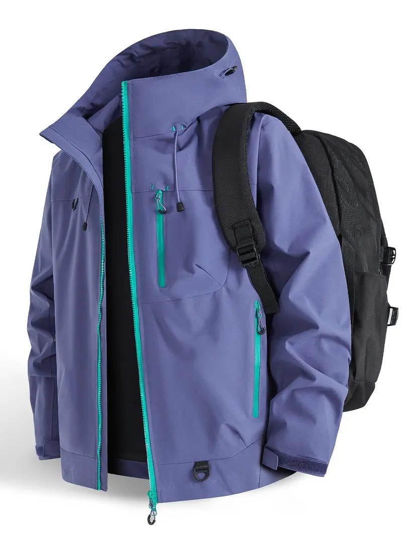 New Outdoor Hooded Couples' Mountain Climbing Jacket, Spring & Autumn Windproof Waterproof Breathable Stylish Plain Jacket, Outdoor Zipper Jacket, Hiking Jacket, Waterproof Windproof Outerwear, Outdoor Clothing