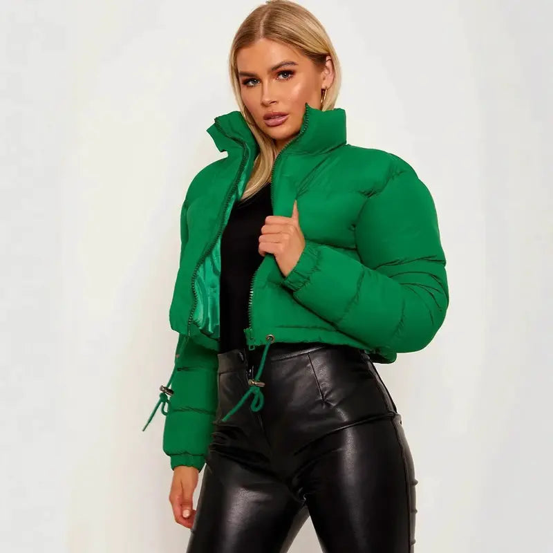 BIGWIG women's short down jacket, zipper thickened quilted short coat, drawstring winter down jacket, autumn and winter cotton jacket, windproof, waterproof and cold-proof cotton jacket, puffer jacket, fashionable zipper stand collar
