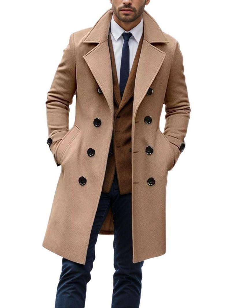 Men’s long trench coat jacket with notched lapel collar, double-breasted design, slim fit, classic mid-length overcoat