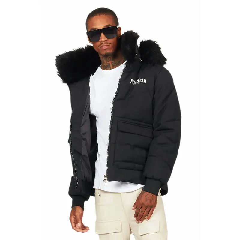 Langston Black Puffer Jacket with Fur Hood