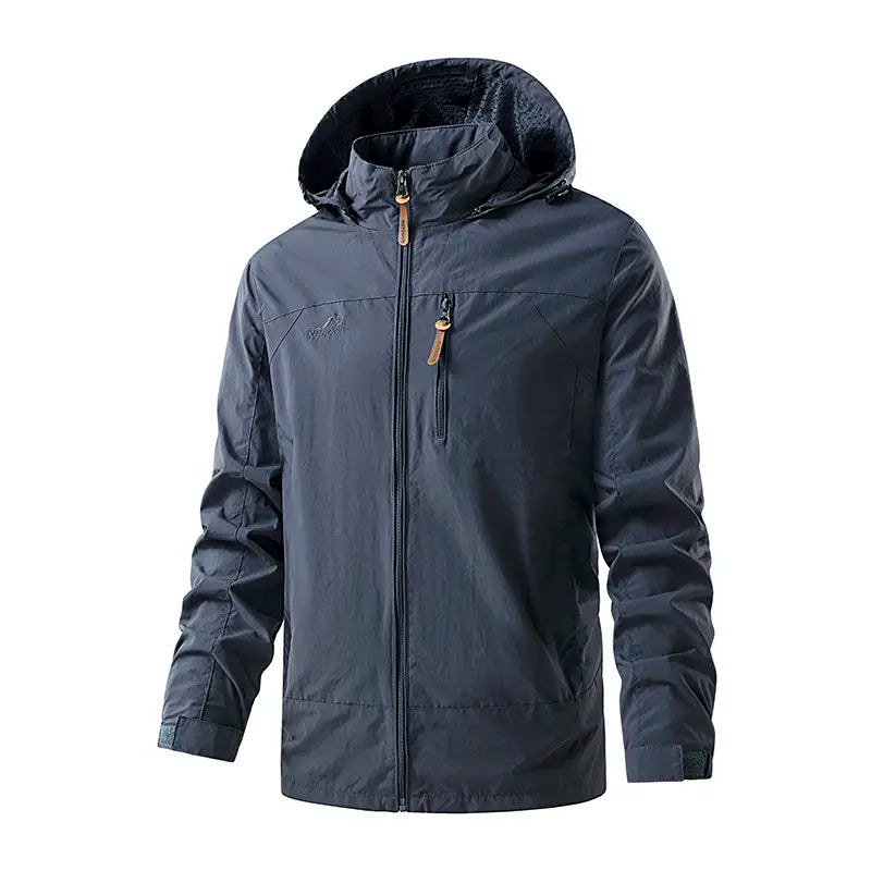 Men's Polyester Plain Full-Zip Water-Resistant Windbreaker Jacket with Hood, Lightweight Outdoor Shell Coat for Hiking, Daily Outdoor Wear