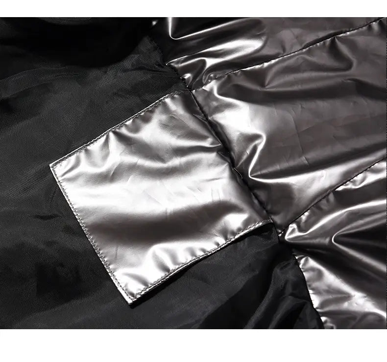 Mens Shiny Glossy Smooth Puffer Jacket - Zip-Up Hooded, Thick Cotton-Padded Menswear Garment, Ribbed, Windproof Thermal, Loose Fit, Clean Minimalist Stylish Casual Streetwear, Side Pockets for Cold Winter Comfort